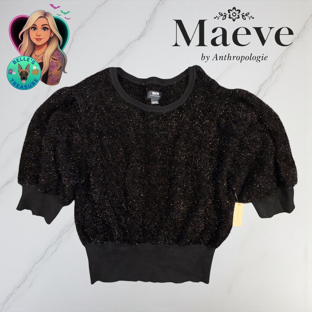 Maeve Anthropologie Womens XL Black Sparkle Puff Sleeve Sweater Knit Top Holiday